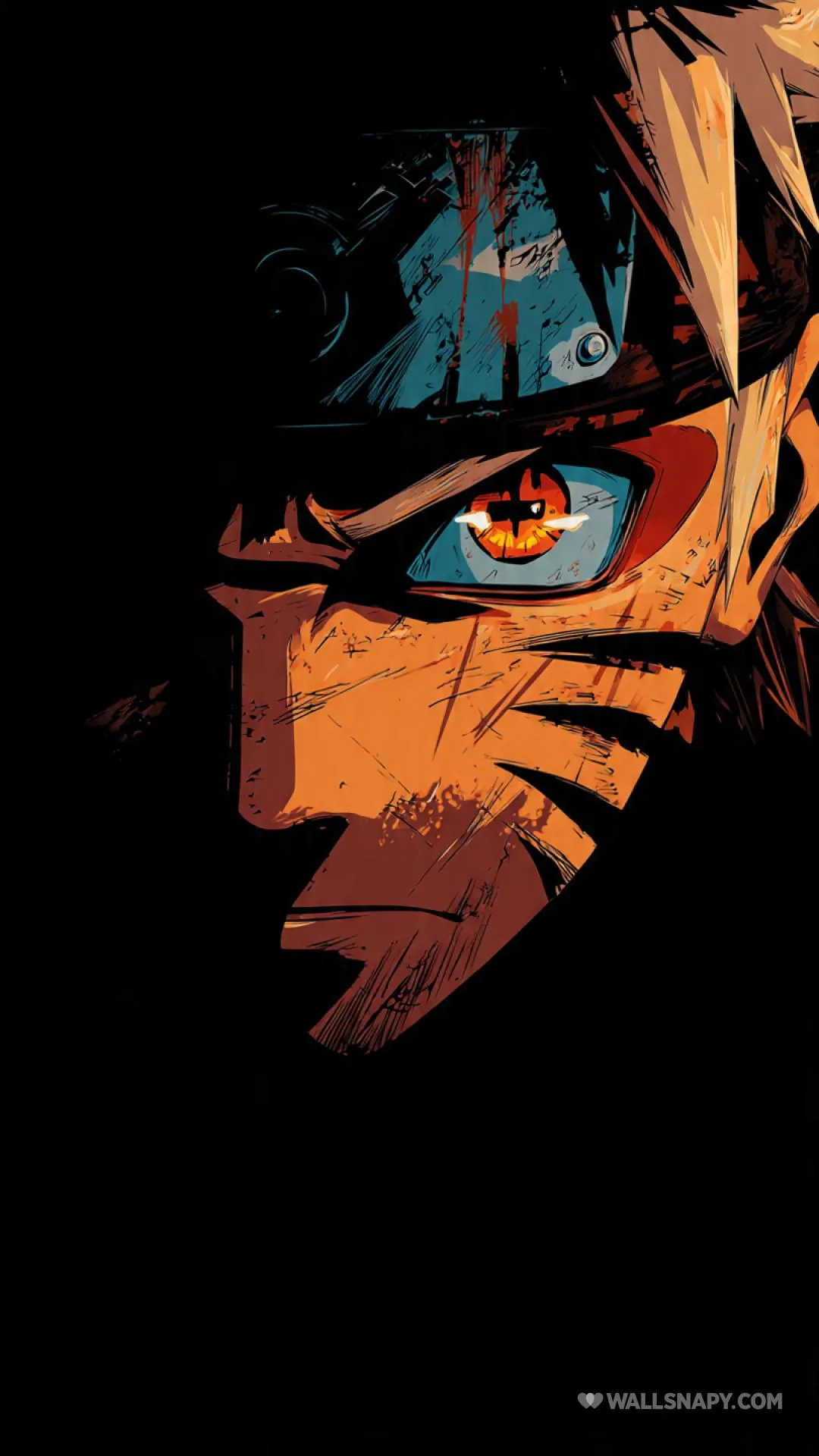 Half a face lit in orange with a blue-marked eye, the other half dropping into flat black — plenty of empty space up top for icons.