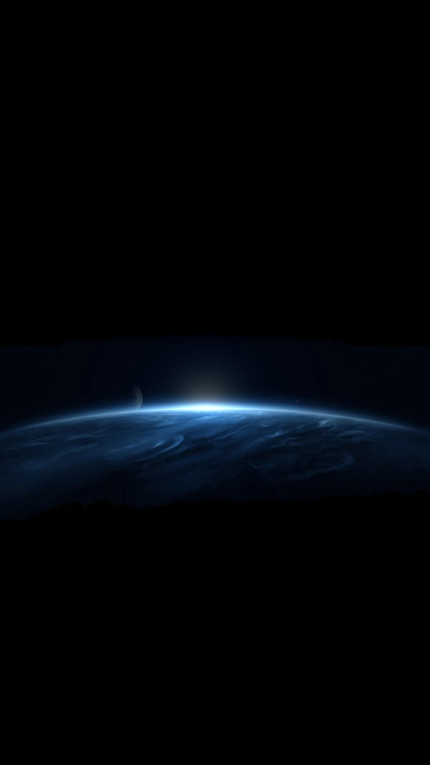 The planet's edge glows blue with a pinpoint of white sun breaking over the horizon, the upper half of the frame empty black.
