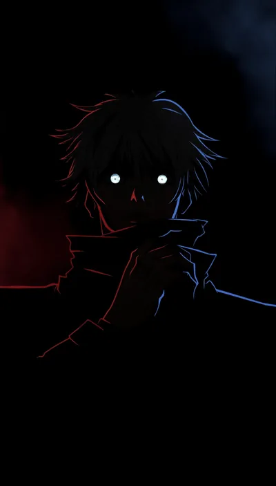 A boy's outline traced in faint red and blue rim light, only his white eyes lit — nearly the whole frame is true black for OLED screens.