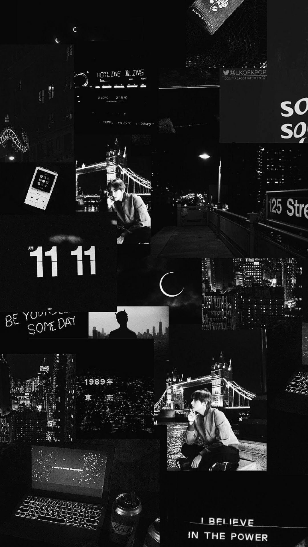 Night-time street shots, a clock and a keyboard tile together with 11:11 in bold type near the middle.
