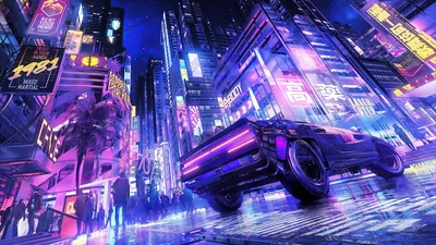An illustrated coupe leaps off the wet roadway trailing pink streaks, kanji signboards stacked along both edges and the crowd kept small at street level.