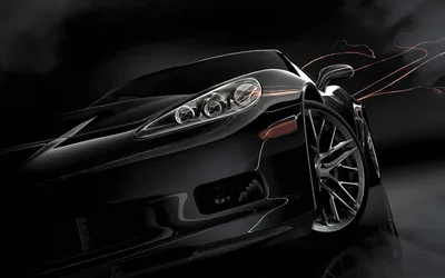 A computer-rendered black coupe fills the left of frame, thin red light trails sweeping past its polished headlight and chrome multi-spoke wheel.