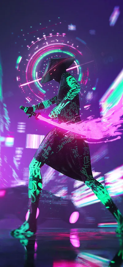 An armoured figure strides through purple city haze swinging a magenta energy blade, a ring of light behind the helmet — the lower third stays dark for icons.