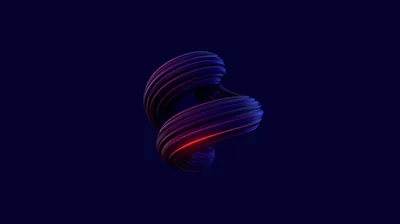 A small coiled form floats at the centre of a wide navy field, its grooves picking up violet on top and a thin red glow underneath.