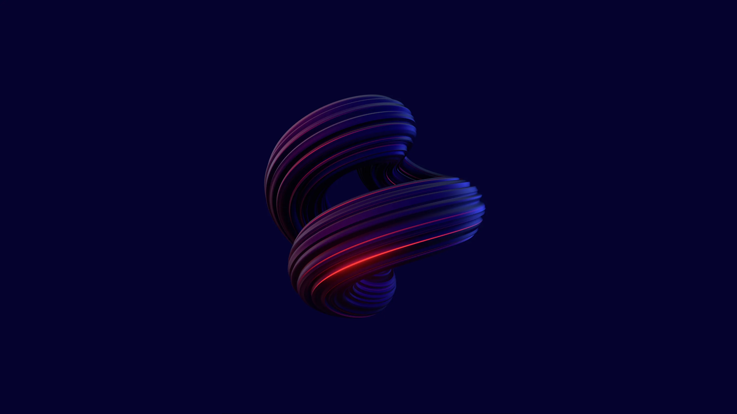A small coiled form floats at the centre of a wide navy field, its grooves picking up violet on top and a thin red glow underneath.