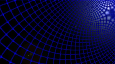 A grid of blue squares bends away in perspective across a black field, the dots packing tighter and brighter toward the upper right.