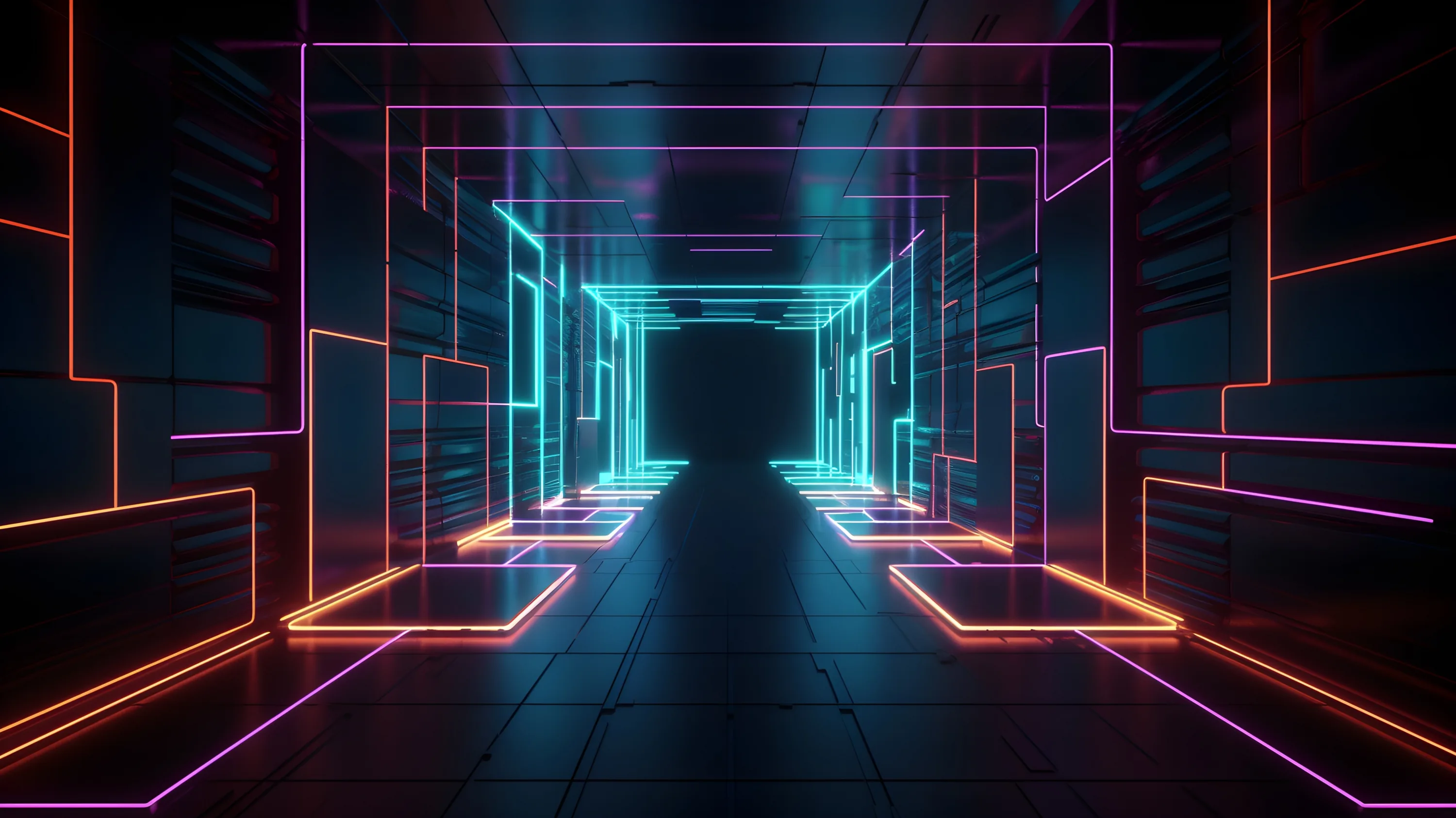 A CGI tunnel lined with orange and teal light strips runs to a dark vanishing point, the reflections doubling on a wet floor.
