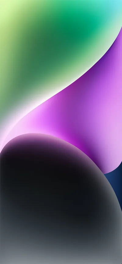 The stock iPhone 14 shapes overlap in green and violet, with a dark rounded mass rising from the lower edge.