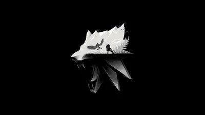 A snarling wolf head cut from white stone sits centred on black, small figures set into the negative space.