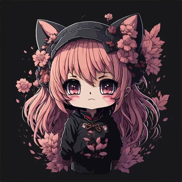 A chibi girl with pink hair and a cat-ear beanie stands framed by pink blossom clusters, the square background behind her kept near black.