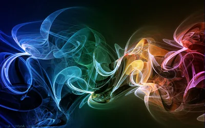 Wisps of smoke in blue, green, orange, and pink tangle across a dark background, thinning out toward the corners where the frame goes black.