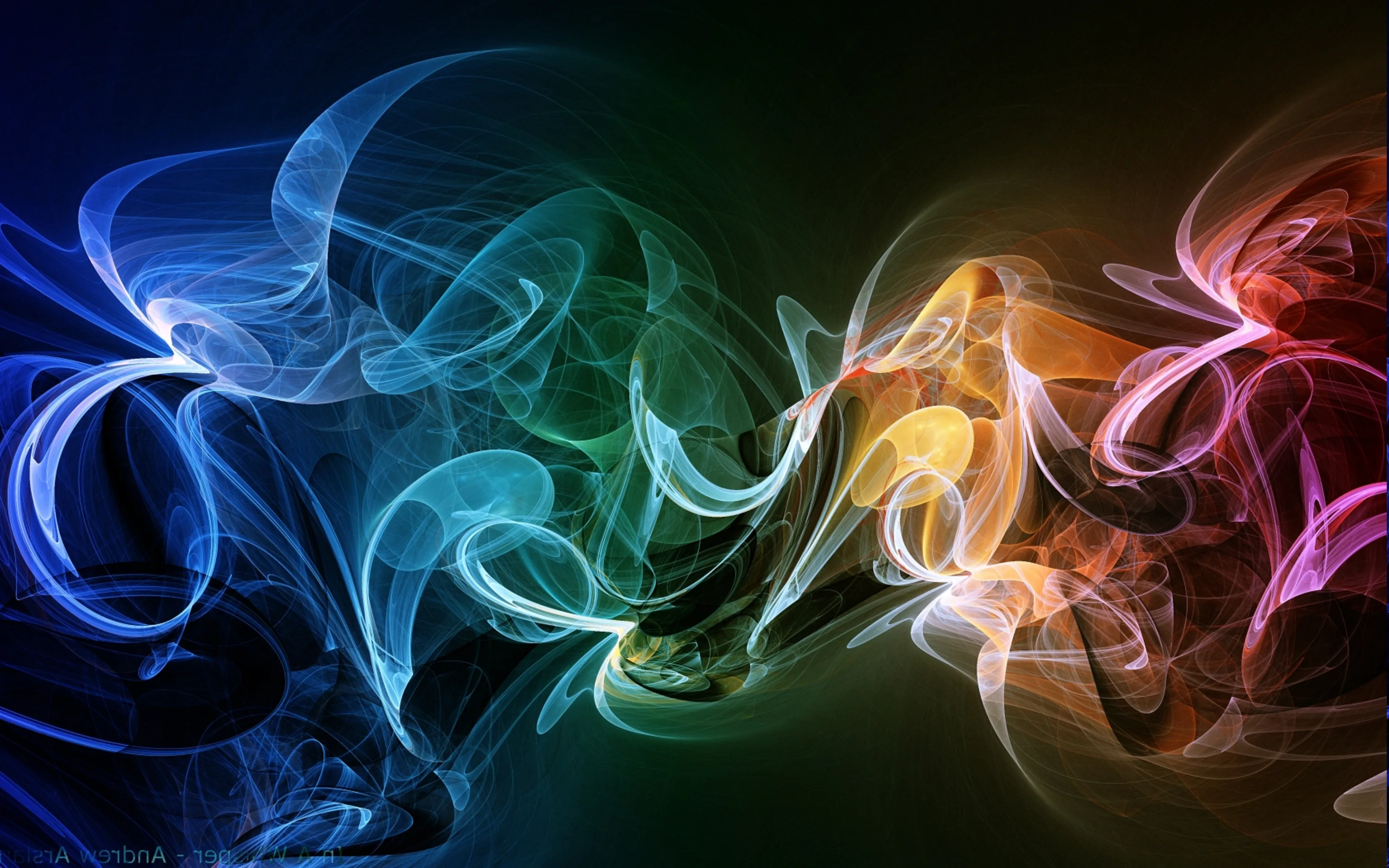 Wisps of smoke in blue, green, orange, and pink tangle across a dark background, thinning out toward the corners where the frame goes black.
