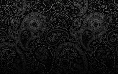 Paisley shapes and fine concentric rings tile a black ground, the detail catching light only at the top.