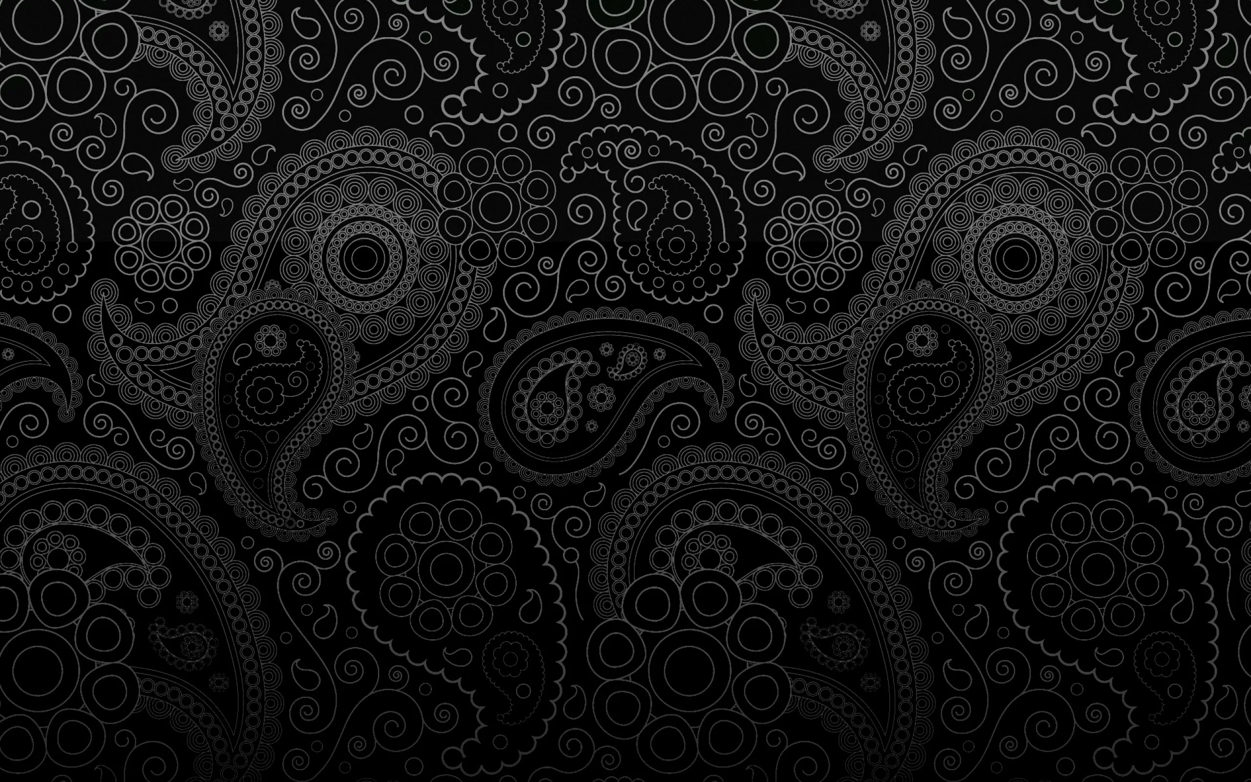 Paisley shapes and fine concentric rings tile a black ground, the detail catching light only at the top.