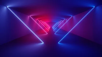 Red and blue lines frame a receding corridor, each doorway repeating smaller toward a warm red glow at the centre of the frame.