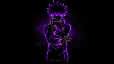 A blindfolded figure with folded arms is drawn entirely in violet neon linework, glowing outward against a black field.