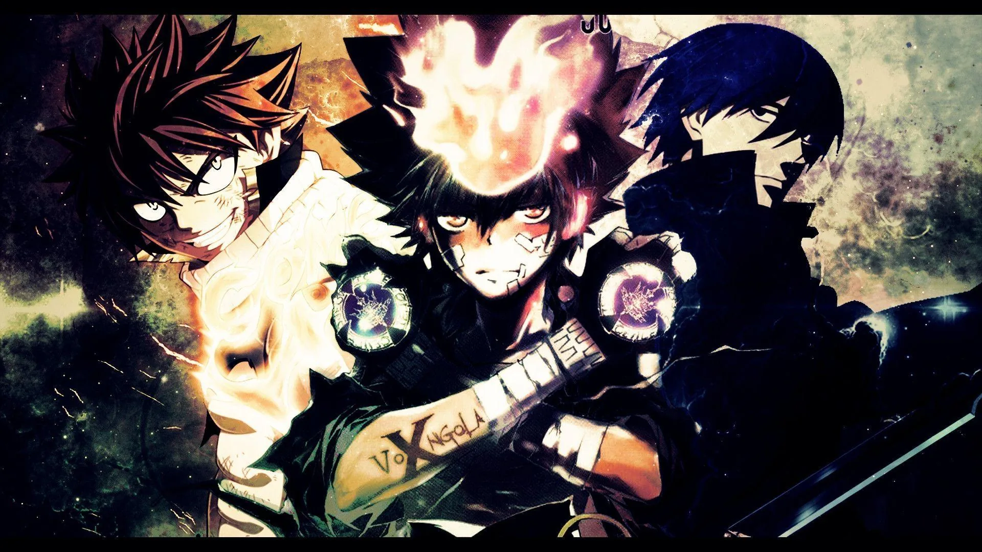 Three shonen fighters glare from a scratched grunge collage, a flame burning over the centre figure, black bars top and bottom framing the art.