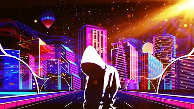 A figure in a white hoodie walks the centre line of a highway into a glowing city, a hot-air balloon and gold sunburst off to the right.