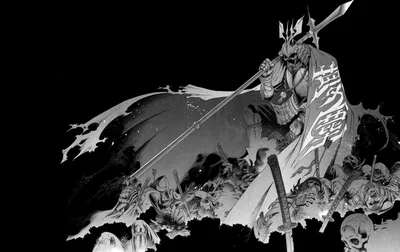 A horned general drives a banner spear into a mound of skulls, drawn in rough ink; the top left corner is left as open black.