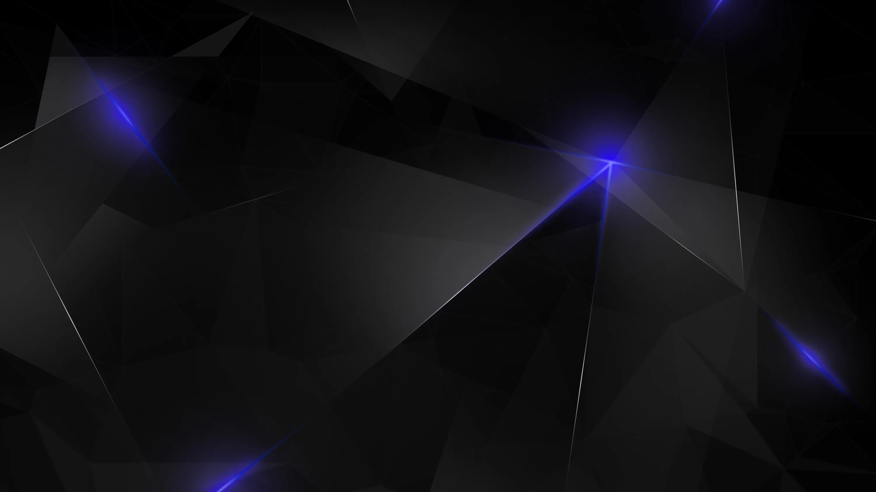 Low-poly black facets tilt across the frame with small purple lights burning at several of the joints, the rest kept in shadow.