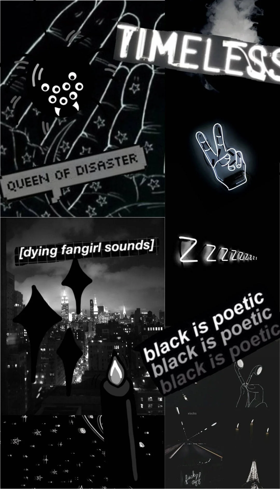 A phone-sized pile of cut-outs led by the word timeless, a glowing neon peace sign and the line black is poetic repeated three times.
