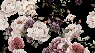 Cream, dusty pink and plum roses cluster across a black ground with green leaves and unopened buds, painted in an old-master style.