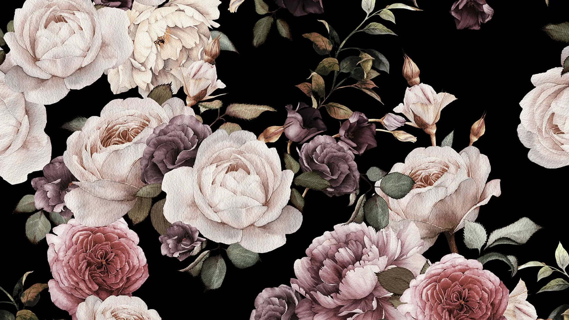 Cream, dusty pink and plum roses cluster across a black ground with green leaves and unopened buds, painted in an old-master style.
