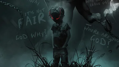 A red-eyed child stands in tall grass under a giant shadow, questions scrawled in chalk across the wall behind him.