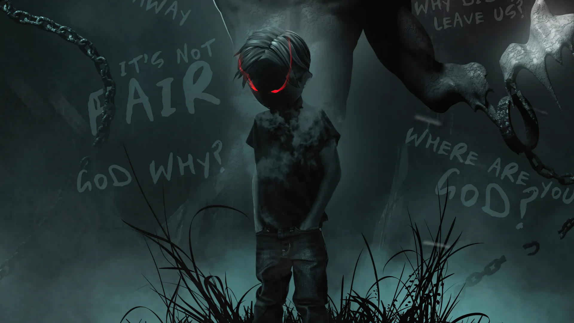 A red-eyed child stands in tall grass under a giant shadow, questions scrawled in chalk across the wall behind him.