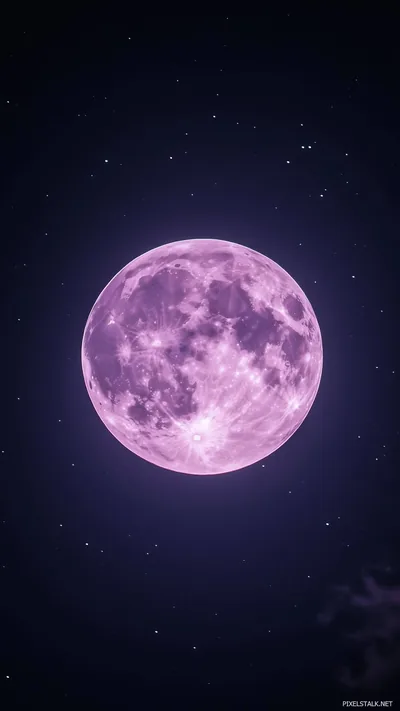 A rose-tinted moon glows at the centre of a deep violet starfield, its halo fading toward black edges that sit well on OLED screens.