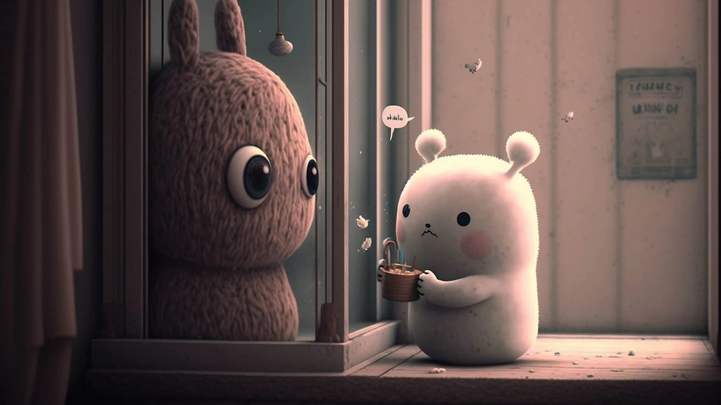 In a dim toy room a long eared bunny peers through the glass at a small bear cradling a cocoa mug, warm light pooling on the sill.