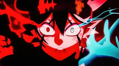 Asta's face fills the frame split between red shadow on the left and blue lightning on the right, one round scarlet eye locked on the viewer.