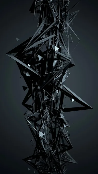 Splintered dark glass stacks into a rough column down the centre of a grey gradient, fragments spinning off either side.