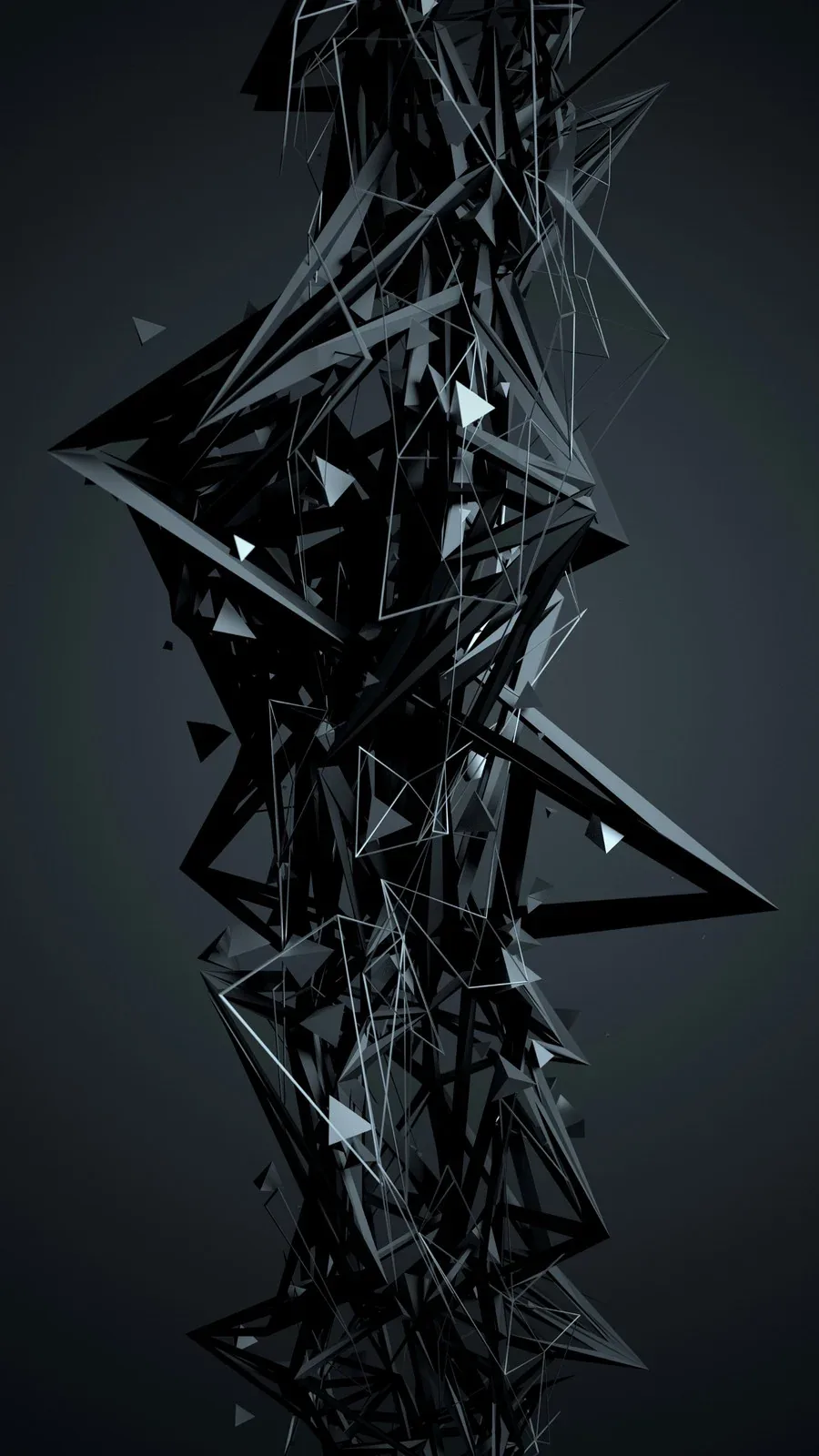 Splintered dark glass stacks into a rough column down the centre of a grey gradient, fragments spinning off either side.