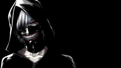 A stitched white mask under a raised hood, lit from the left, with the right half of the frame kept completely empty.