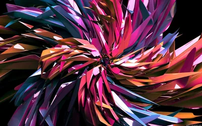 Hundreds of pointed shards in magenta, orange, and violet explode from an off-centre vortex, the corners staying black enough for desktop icons.
