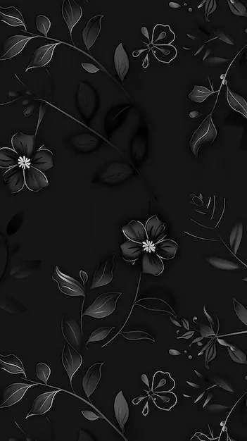 Thin stems and five-petal blooms spread across a black ground in silver-grey, the flower centres beaded so they catch the light.