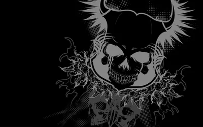 A grey skull with curved horns spreads halftone wings above a second smaller skull, all set on a black grunge background.