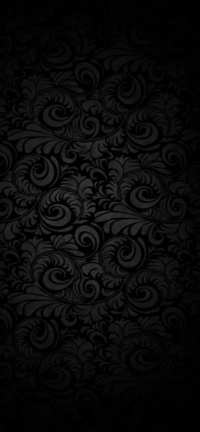 Dense paisley scrollwork covers the whole frame in charcoal on black, the raised edges catching a faint grey line so the pattern still reads at a glance.