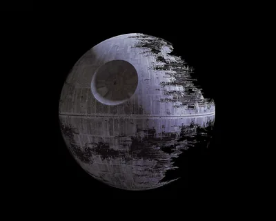 The Death Star fills the centre of the frame in grey and violet, its dish visible on the upper left and the right edge lost in shadow.