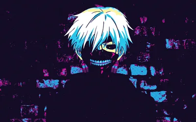 Teal and violet glitch bands break up a white-haired figure in a mouth-guard mask, painted over a rough brick wall in cold neon.