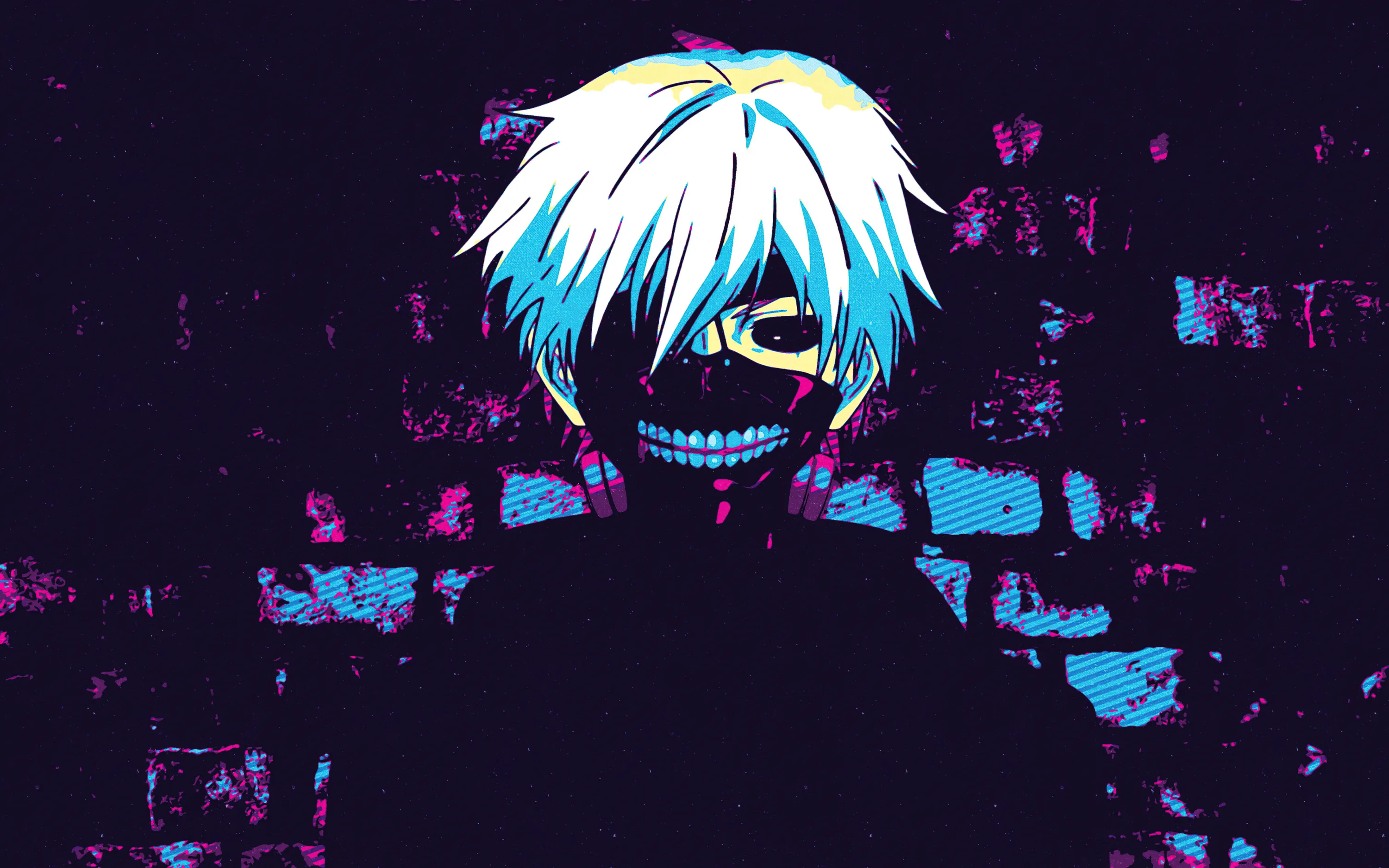Teal and violet glitch bands break up a white-haired figure in a mouth-guard mask, painted over a rough brick wall in cold neon.