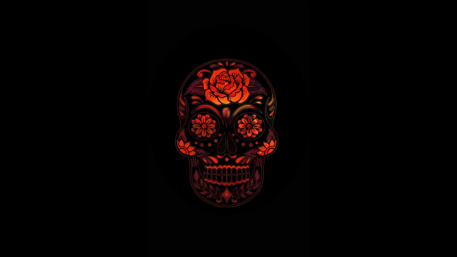 A decorated skull glows in deep red line work, roses filling the eye sockets while the background stays fully dark.