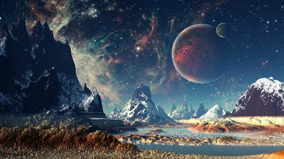 CGI landscape of dark rock spires and snow-capped mountains ringing a marshy valley, a red planet and its moon hanging in the starry sky.