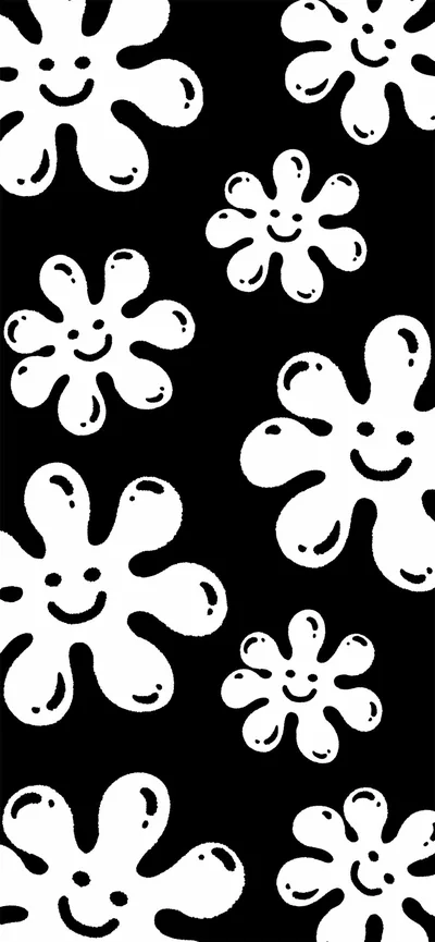 Chunky white blooms with dripping petals and simple smiling faces sit at different sizes on solid black, drawn in a rough marker style.
