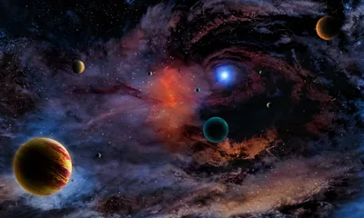 Several planets of different sizes hang in coloured dust, a single blue-white star burning at the centre of the swirl.