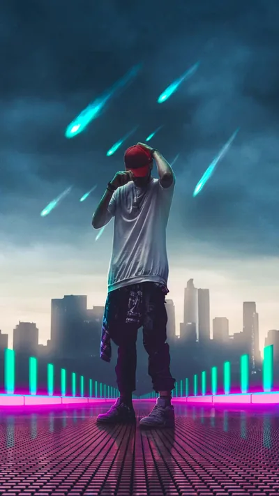 A boy in a cap looks up as green meteors streak over a dark skyline, magenta light strips glowing along the ground behind him.