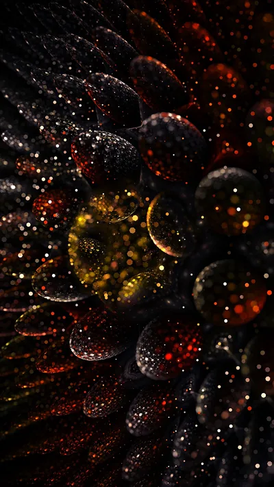 Rows of textured spheres in gold and rust recede into the dark, scattered white points sitting in front of them.