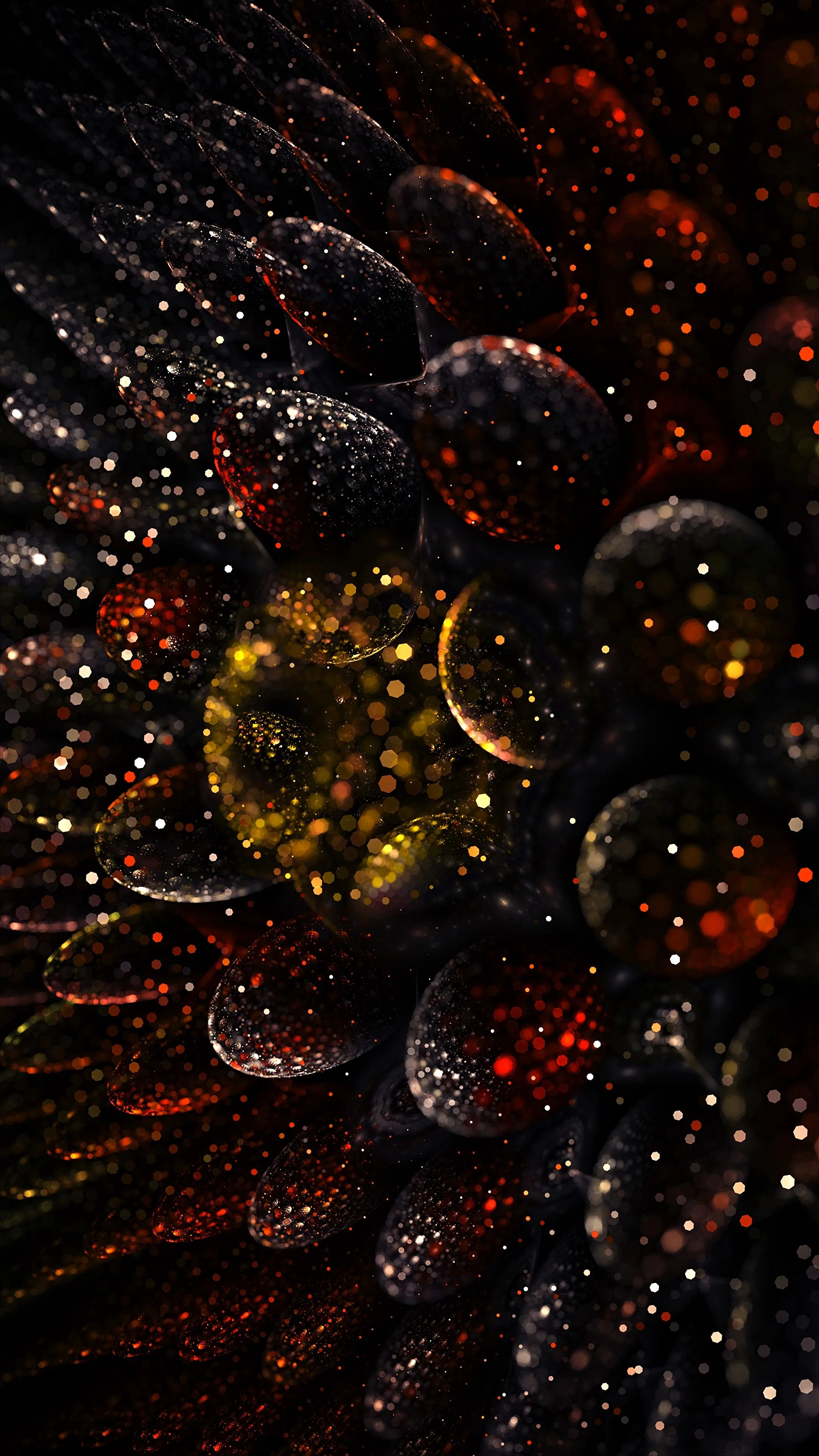 Rows of textured spheres in gold and rust recede into the dark, scattered white points sitting in front of them.