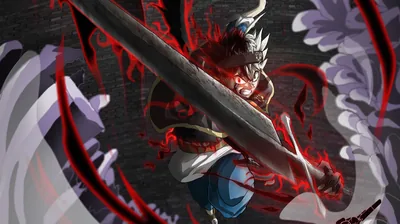 Horned devil Asta swings his greatsword diagonally through ribbons of red energy, the smoky off-white background keeping both upper corners pale and quiet.